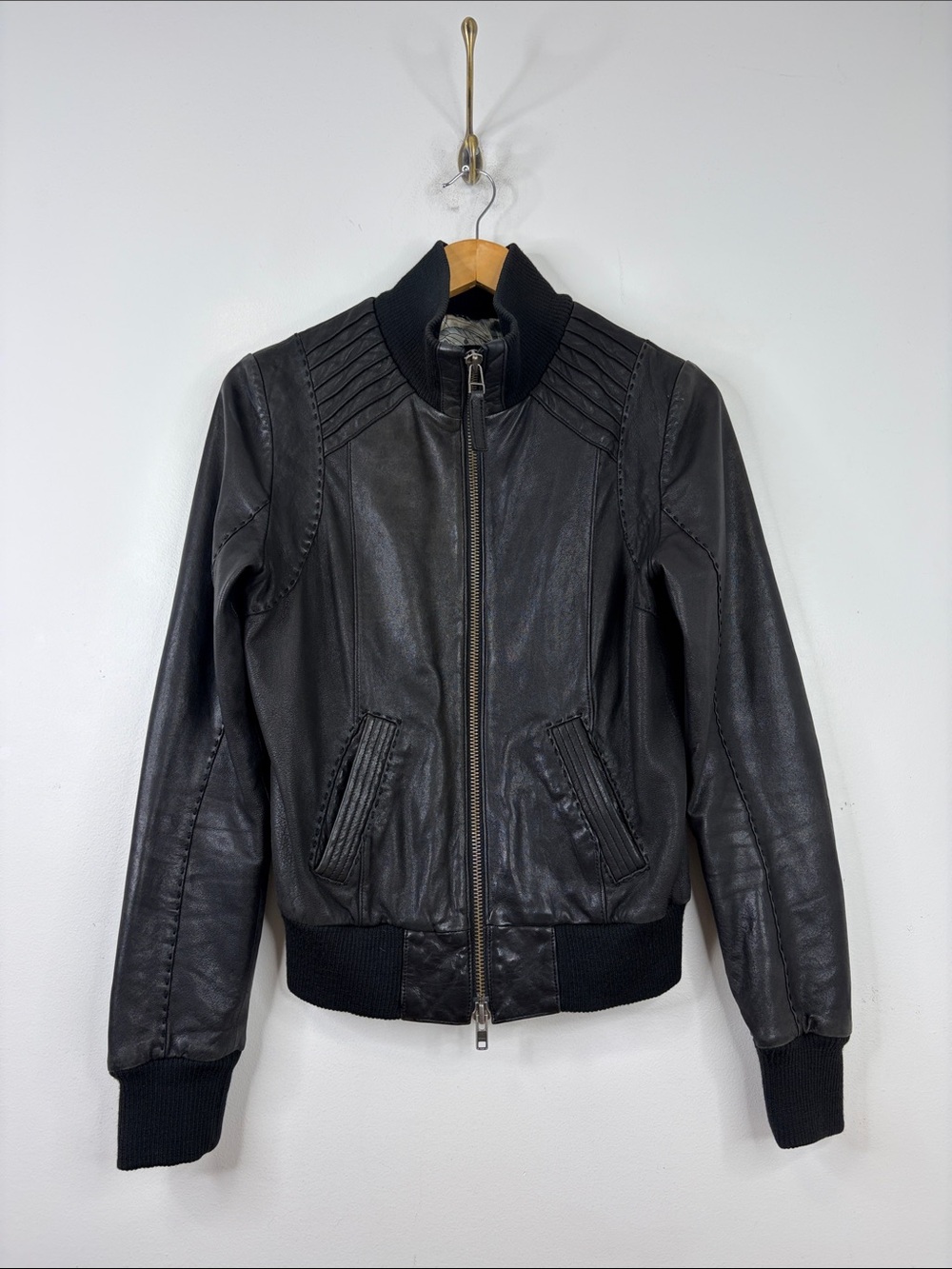 Mackage x Aritzia Leather Jacket Womens Small Black Wool Cuffs Bomber Y2K